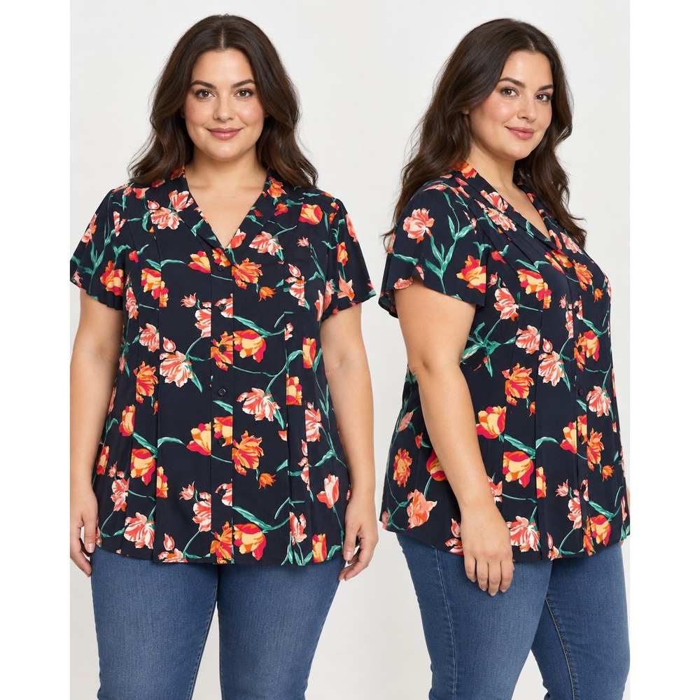 Croft & Barrow 1X NWT Blouse Navy Floral Pintuck Button Front Short Sleeve Plus
